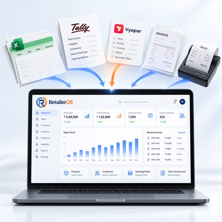 Spreadsheets, accounting exports and invoices flowing into the RetailerOS dashboard on a laptop