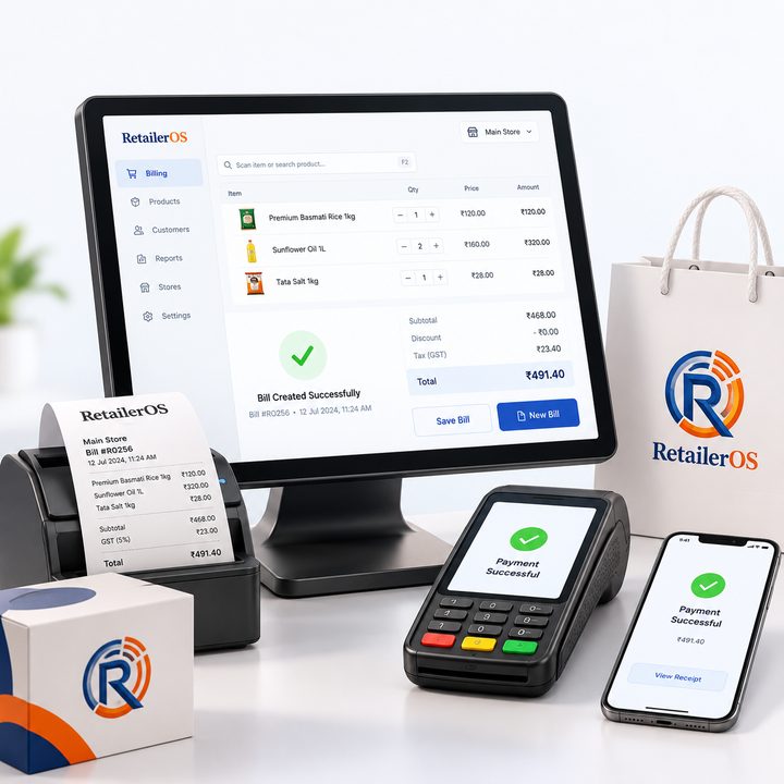 A RetailerOS billing counter showing a bill created, a printed receipt and payment successful