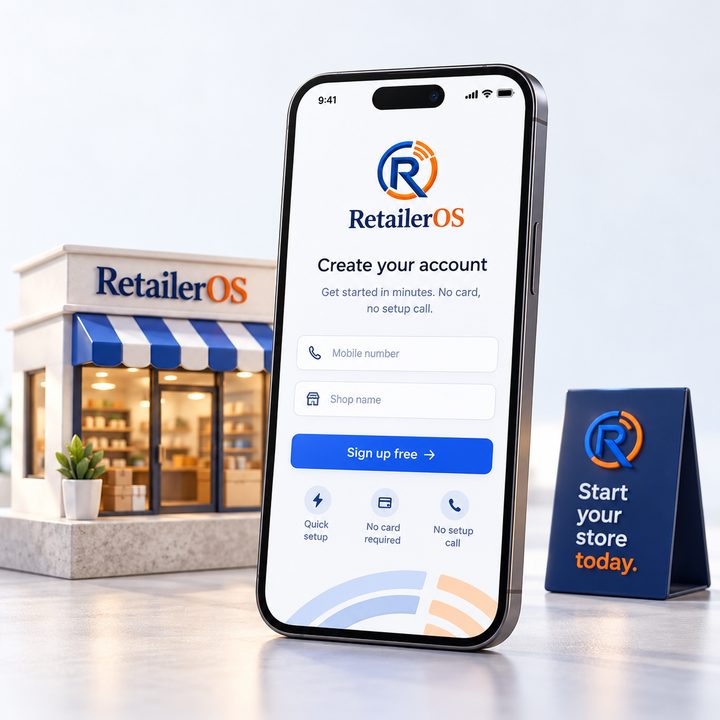 Creating a RetailerOS account on a phone with a mobile number and shop name