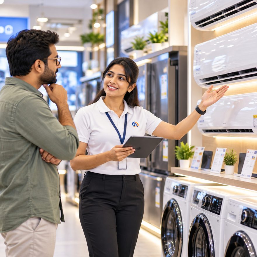 A RetailerOS staff member presenting air conditioners and washing machines to a customer