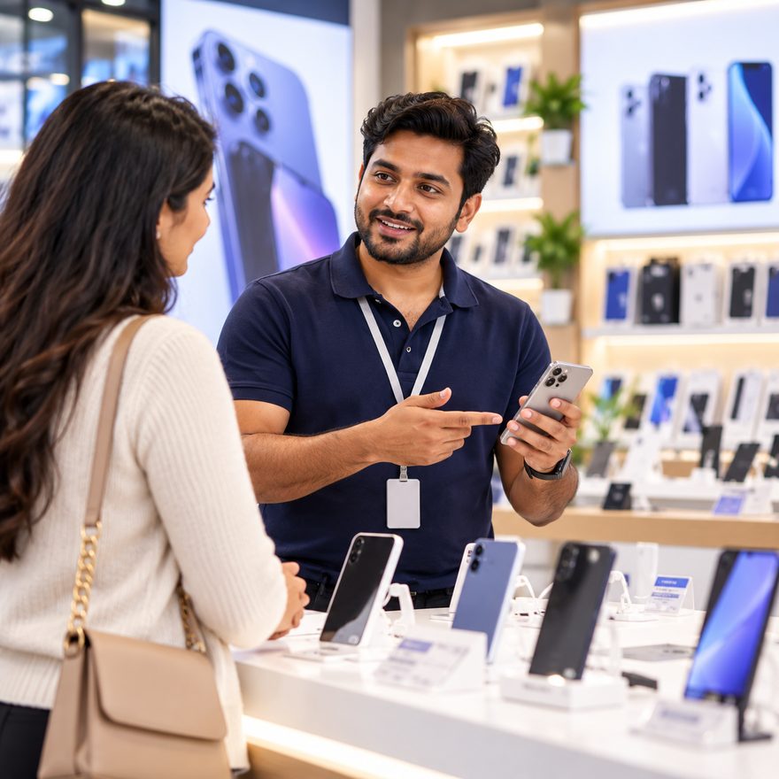 A RetailerOS staff member showing a phone to a customer at a mobile store counter