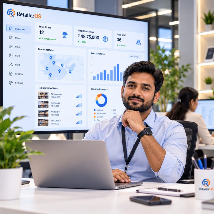An owner at a laptop with the RetailerOS multi-store dashboard on the screen behind