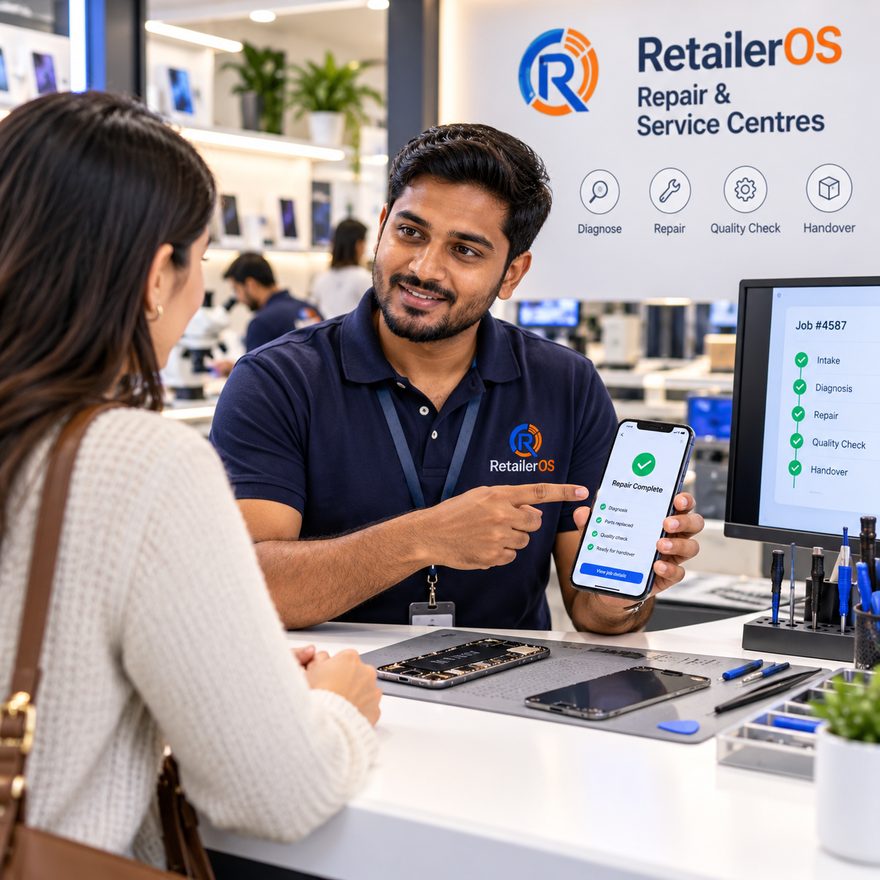 A service desk technician showing a customer their repair status on a phone